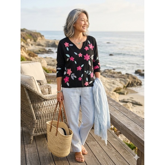 Sigrid Olsen Sport Sweaters - Sigrid Olsen vintage Black Floral Embroidered V-Neck Sweater XL coastalgrandma